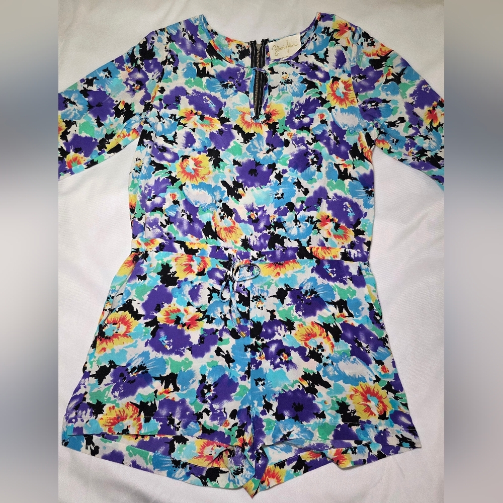 Yumi Kim 100% Silk Floral Print Roll Tab Sleeve Romper W/pockets- Size XS